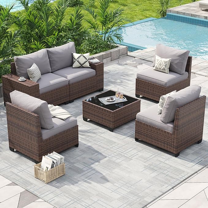 Aoxun Patio Fruniture Sets, Wicker Outdoor Patio Furniture Set with 4 in Thick Cushions and Widen Armrests, All-Weather Outdoor Sectional for Backyard, Garden and Poolside (Waterproof Cover Included)