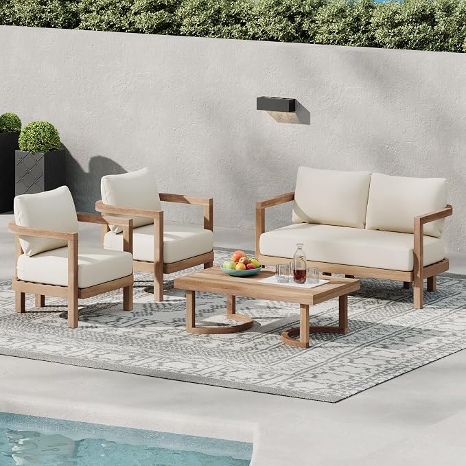 Merax 4-Piece Outdoor Acacia Wood Patio Furniture Conversation Set,Sofa Couch with Coffee Table,for Backyard