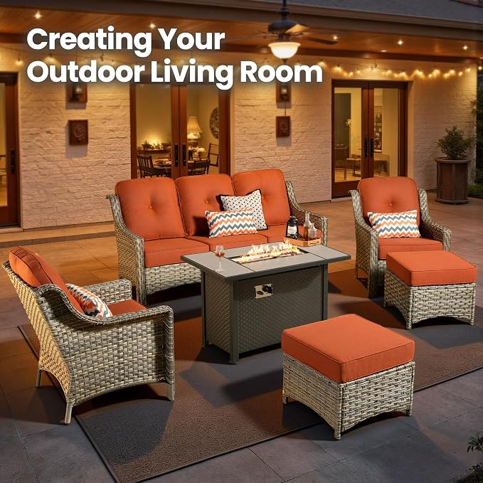6 Piece Patio Furniture Set with Fire Pit Table, Outdoor Wicker High Back Sofa Chairs Ottoman with Comfy Cushions, Modern Conversation Sets for Backyard Deck Garden Poolside, Bold Orange