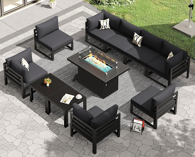 RADIATA 11 Pcs Modern Aluminum Outdoor Patio Furniture Set with Firepit Table & Side Table, Extra Large All-Weather Modular Sectional Couch, 29" Wide Deep Seated Conversation Sofa for Deck, Dark Grey