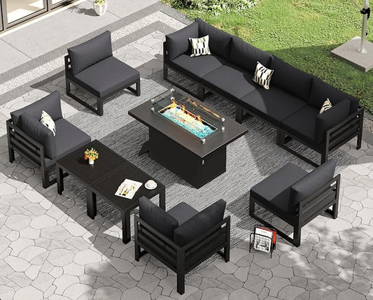 RADIATA 11 Pcs Modern Aluminum Outdoor Patio Furniture Set with Firepit Table & Side Table, Extra Large All-Weather Modular Sectional Couch, 29" Wide Deep Seated Conversation Sofa for Deck, Dark Grey