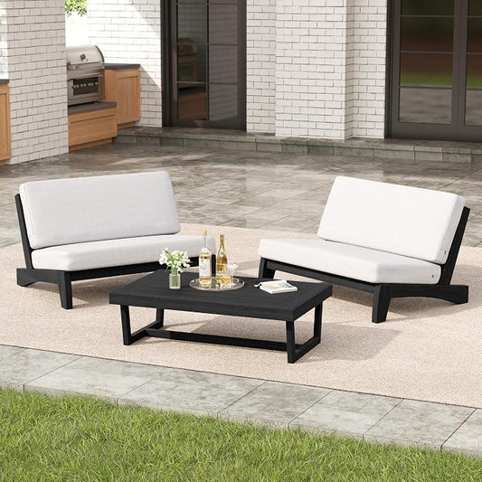 3 Pieces Patio Furniture Sets, All-Weather Outdoor Wood Bistro Set Patio Conversation Coffee Table Chiars and Patio Loveseat for Balcony, Backyard