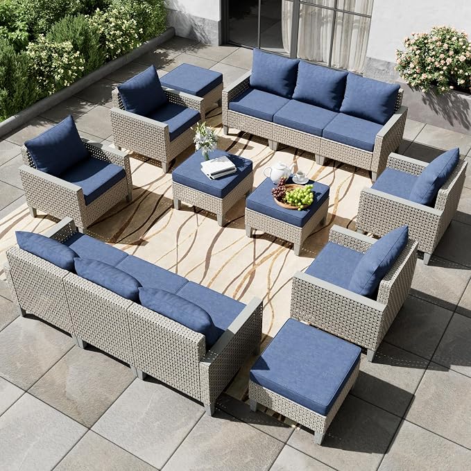 Outdoor Patio Furniture Set 14-Piece Modular Wicker Sectional Sofa with Ottomans and Thick Cushions, Modern Rattan Outdoor Conversation Couch for Garden Backyard, Navy