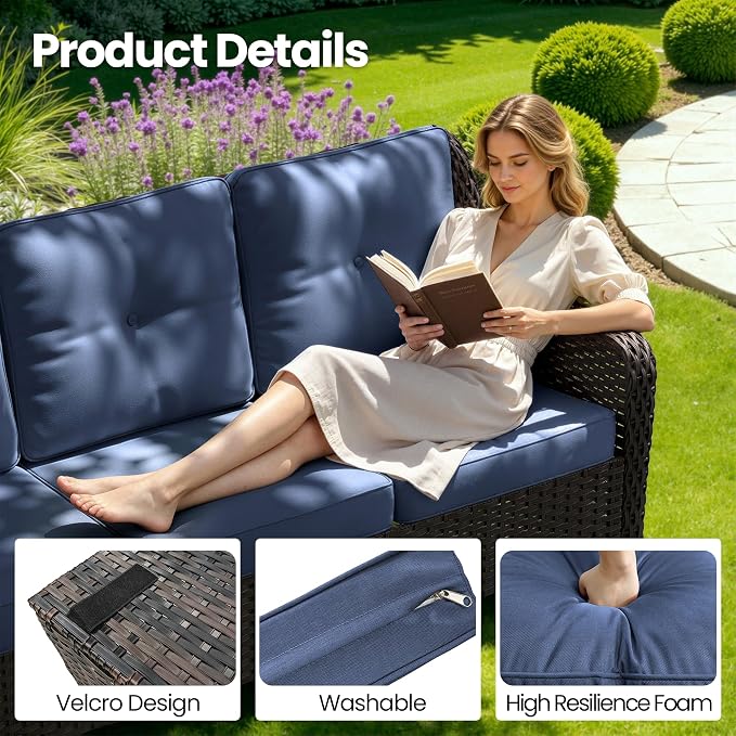 Kullavik 7 Pieces Patio Furniture Set,All-Weather Wicker High Back Outdoor Swivel Rocker Patio Chairs with Coffee Table & Thick Cushions,Paito Conversation Set for Porch,Deck,NavyBlue