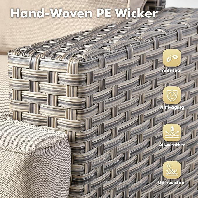 8-Piece Wicker Outdoor Sectional Furniture, Wide Armrest Patio Couch with Swivel Rocking Chair Ottoman Solar Table, Modular Sofa Rattan Conversation Sets for Backyard Deck Garden, Beige