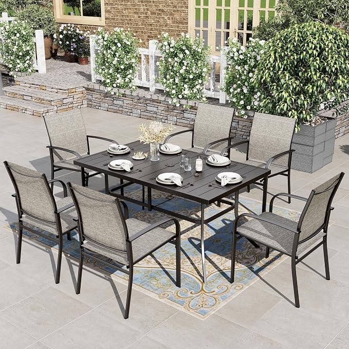 HERA'S HOUSE 7pc Outdoor Patio Dining Set for 6, Textilene Chairs, Brown | 60" rectangular metal table with umbrella hole. Waterproof, rust-resistant, all-weather for backyard, porch