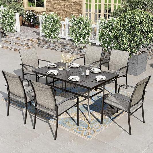 HERA'S HOUSE 7pc Outdoor Patio Dining Set for 6, Textilene Chairs, Brown | 60" rectangular metal table with umbrella hole. Waterproof, rust-resistant, all-weather for backyard, porch