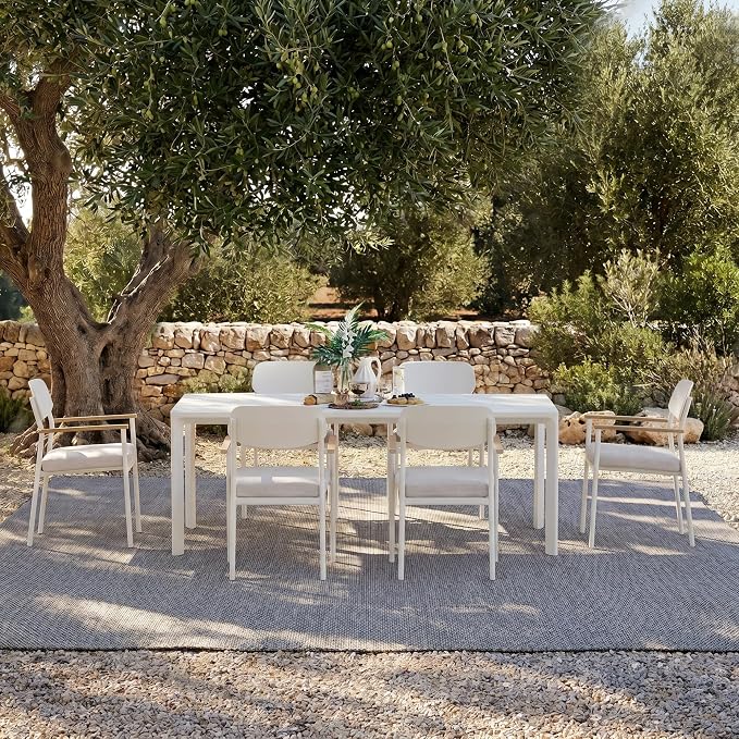 Modern Shade Luxury Outdoor Dining Set for 7, Outdoor Table and Chairs Set with Fade Resistant Cushions & FSC Teak, Premium Aluminum Patio Table and Chairs Set for Elegant Outdoor Living, White