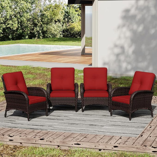 Joyside Wicker Patio Chairs, 4 Piece Rattan Outdoor Furniture with Thickened Cushions, High Back, Deep Seating, Wide Armrest, Outdoor Chairs for Porch, Deck