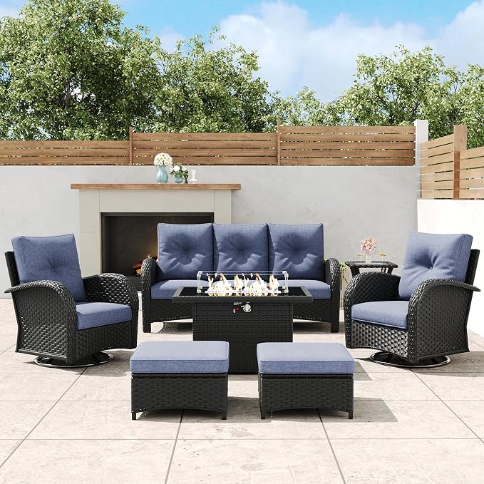 7 Pieces Outdoor Wicker Patio Swivel Rocking Chairs, All Weather Wicker Conversation Set with 44" Fire Pit Table