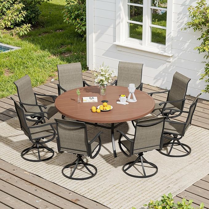 VICLLAX 9 Pieces Outdoor Dining Set, Patio Furniture Set of 8 Patio Swivel Dining Chairs and 60" Patio Round Table, Mixed Brown Chairs & Walnut Tabletop