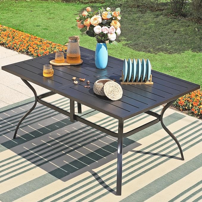 Sophia & William 7 Pieces Patio Dining Set with 13ft Navy Patio Umbrella, Outdoor Dining Set for 6 People, 60" Metal Patio Table and Rattan Chairs, Outdoor Patio Furniture with Seat Cushion