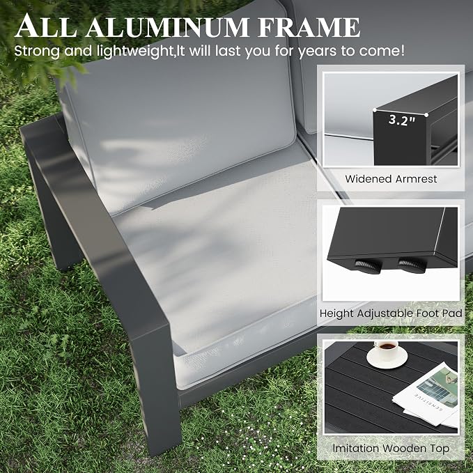 Aluminum Patio Furniture Set, 3-Seat Outdoor Furniture Set with 5 Inch Cushions, Patio Sets with Waterproof Covers for Backyard Garden(Dark Grey&Light Grey)