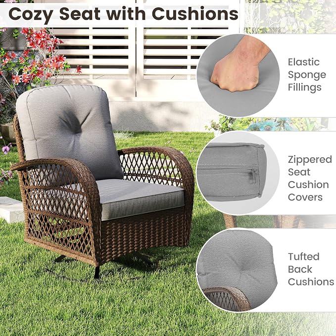 ORALNER 3 Pieces Wicker 360° Swivel Rocker Set Patio Furniture, Rocking Chairs with Cushions, Tempered Glass Coffee Table, Outdoor Rattan Bistro Set for Balcony Front Porch Deck Poolside (Gray)