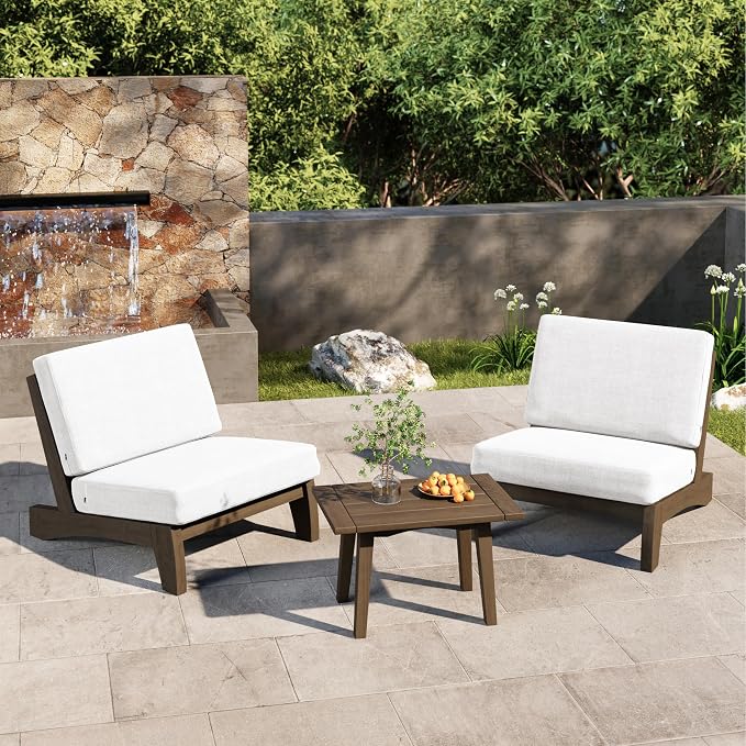 4 Piece Wood Outdoor Patio Frutnire Set, 4 Seater Patio Conversation Sets with Thick Cushions, Outdoor Sectional Furniture with Coffee Table - Beige