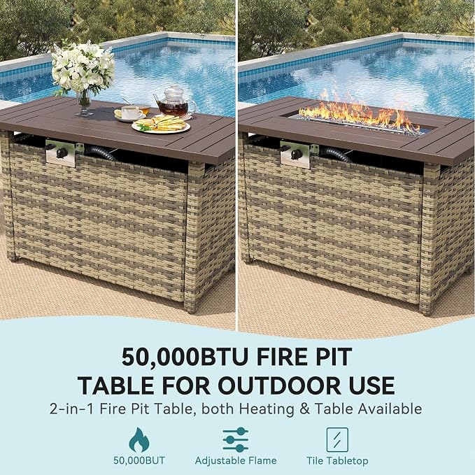 LazySunsets 7 Piece Outdoor Patio Furniture Set with 44'' Fire Pit Table, Wicker Rattan Outdoor Furniture with High Back Swivel Rocker Chairs, Outdoor Sofa Set with Thick Cushions, Grey