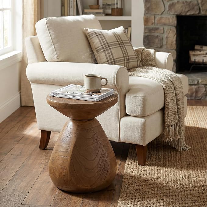 Merax Small Outdoor Patio Side Table with Wood Grain Finish, MGO Accent End Table for Indoor Outdoor, 18" Height Small Round Side Coffee Table with Waterdrop-Shaped Base, No Need Assembly, Wood