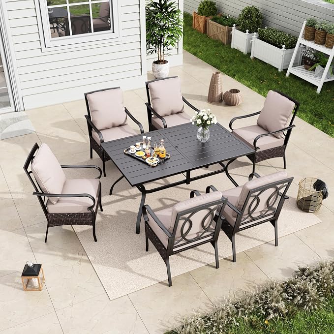 MFSTUDIO Outdoor Patio Dining Set for 6, Outdoor Table and Chairs for 6, Patio Rectangular Metal Table with Chairs, 7 Pieces Outdoor Dining Furniture Set, 1.6-2'' Umbrella Hole