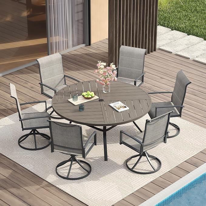 VICLLAX Patio Dining Set for 6, 6 Seats Outdoor Furniture Includes 50.1" Round Patio Table and Swivel Padded Chairs, Grey Wood Grain Tabletop and Grey Fabric