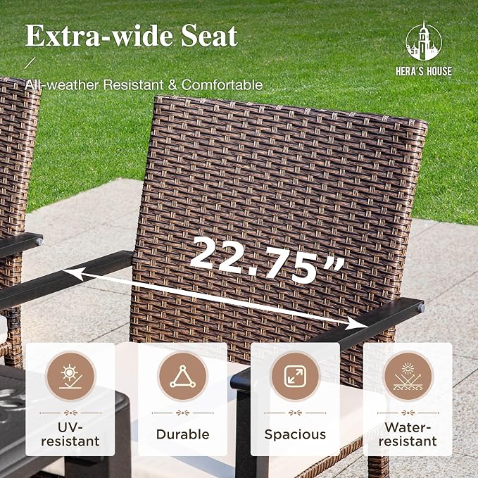 HERA'S HOUSE 7 Piece Patio Dining Set for 6, 6 x Outdoor Rattan Armchair with Removable Cushions, 1 x 64 Rectangular Patio Table with Umbrella Hole for Patio Lawn Garden