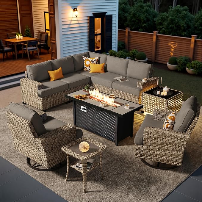 HOOOWOOO Sectional Patio Furniture Set with Fire Pit Table,10 Pieces Wicker Outdoor Furniture L Shaped Couch,Outside Conversation Set Extra Deep Seat Sofa Wide Arm Swivel Chairs Solar Table,Dark Gray