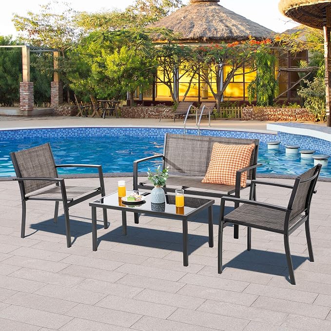 Vongrasig 4-Piece Modern Metal Textilene Patio Furniture Set - Small, Taupe with Loveseat & Glass Table for Lawn, Garden, Porch, Balcony, Backyard (Taupe)