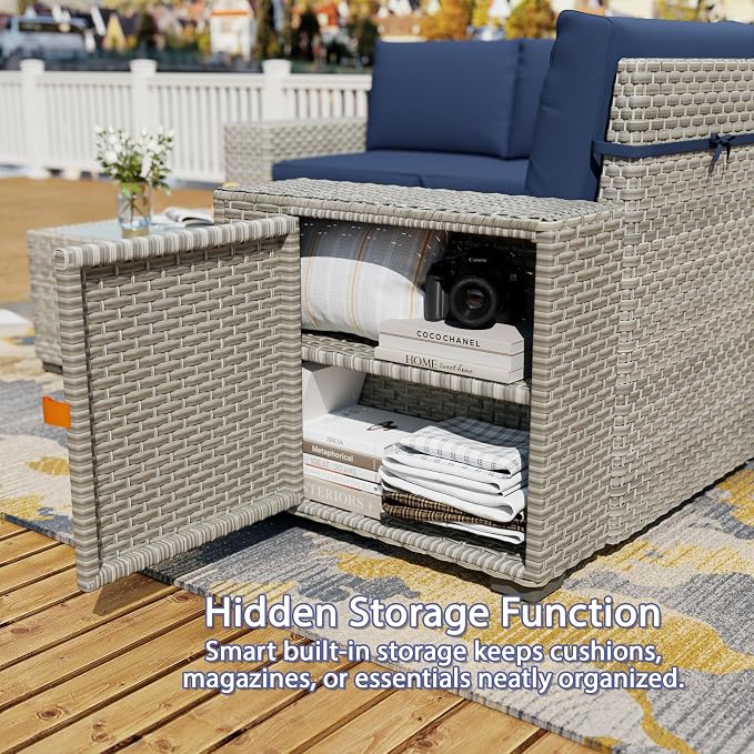 12 Piece Patio Furniture Set, 9.8" Wide Arm Sectional Sofa with Storage Armrests, All-Weather Rattan Outdoor Conversation Set for Garden, Porch, Lawn, Backyard, Balcony, Blue