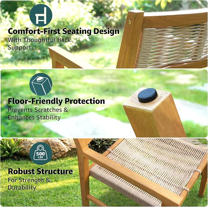 Acacia 7 Pieces Outdoor Dining Set for 6-Person, 63" L Classic Rectangular Table & 6 Handwoven Rope Chairs - Eucalyptus Grandis Solid Wood, Weather Resistant Patio Furniture Set, Natural