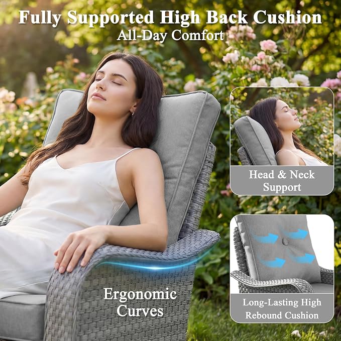 7 Piece Wicker Patio Furniture Set with 55,000 BTU Fire Pit Table, Swivel Rocking Chairs, 4''Cushions, PE Rattan, Wind Guard Glass, for Backyard, Deck or Balcony, Grey