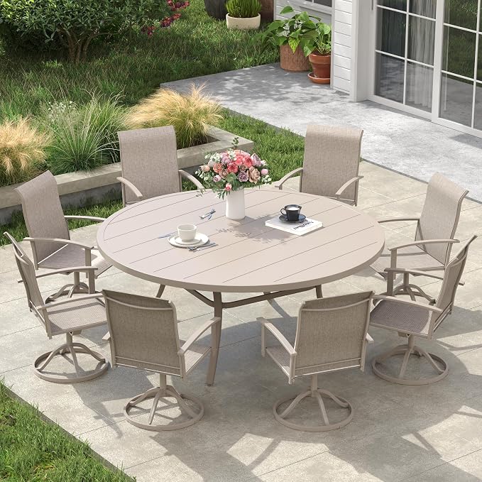 VICLLAX 60" Round Patio Table, Outdoor Dining Table for 8-10 with Umbrella Hole for Garden Lawn Deck Backyard, Sandshell