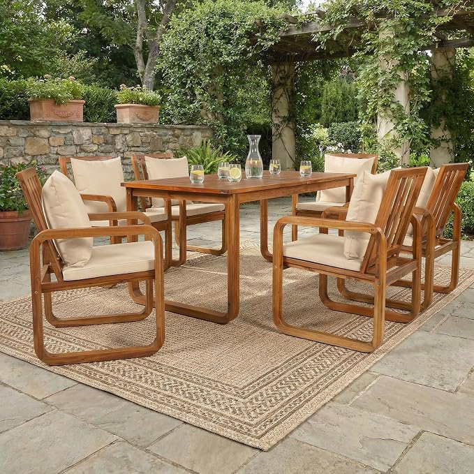 Merax 7 Pieces Patio Dining Set, Outdoor Acacia Wood Furniture for 6, with Table and Removable Cushioned Chairs for Backyard, Brown