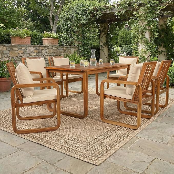 RUNNA 7 Pieces Outdoor Patio Dining Table Set with Removable Cushions, Modern Armrests and Spacious Table, Outdoor Furniture Set for Backyard, Garden Entertaining (Brown-A7)