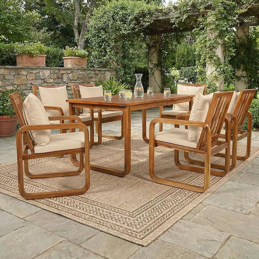 VilroCaz 7 Pieces Outdoor Patio Dining Set, 67'' Rectangle Acacia Wood Table and 6 Armchair, All-Weather Dining Set with Removable Cushions for Garden Backyard Lawn (Brown-2.13)