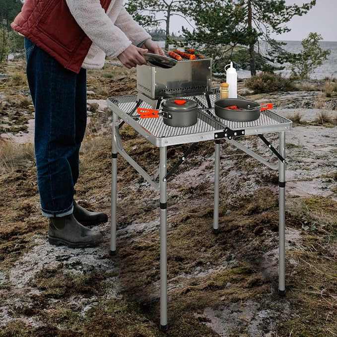 RedSwing Portable Grill Table for Outside, Aluminum Folding Grill Stand Table for Outdoor Camping Picnic BBQ, Lightweight Adjustable Height, 24"x24"x9.8"/27" Sliver