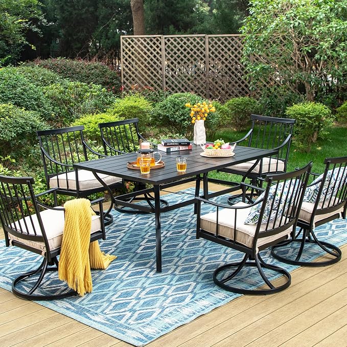 Sophia and William Patio Dining Set, for 6, Swivel Chairs | E-Coated and Steel, Rectangle Table, Swivel Chirs, Umbrella Hole, Weather-Resistant, Easy to Clean