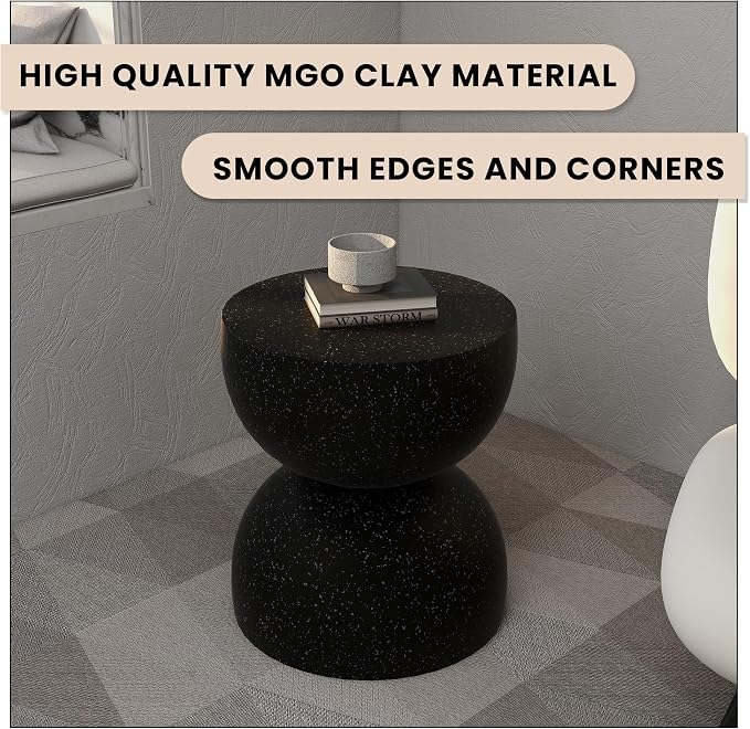 LeisureMod Minimalist Side Table Fiberstone Round Hourglass Accent End Table Stool, Patio Indoor Home Living Room, Weather-Resistant, Sage in Black