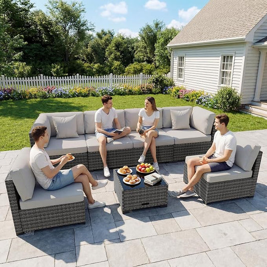 LHBcraft 7 Pieces Outdoor Furniture Set, Wicker Furniture Patio Conversation Sets with Tea Table and Thickened Beige Cushions,Grey Outdoor Patio Sectional Sofa for Garden, Poolside, Backyard