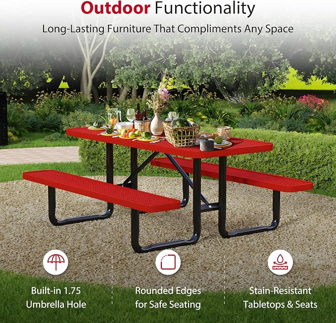 Leisure Craft Metal Picnic Table with Bench - 6 ft Rectangle Outdoor Dining Table for 6, Umbrella Hole, Weatherproof Heavy Duty Thermoplastic Coating, Commercial Grade Furniture Made in USA - Red