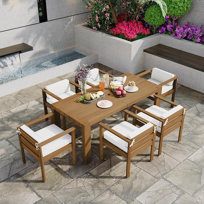 7-Piece Patio Dining Table Set for 6, Outdoor Furniture Sets with 71" Rectangle Table and Removable Cushions for Backyard, Garden, Poolside Deck (Beige+Light Teak)