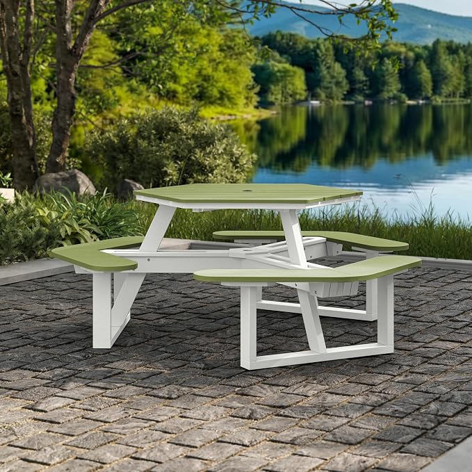 Shoreline Made in USA Hexagon Picnic Table, Seating for 6, White with Palm Green