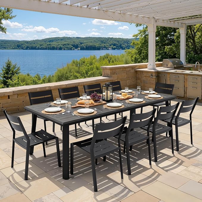 11-Piece Aluminum Outdoor Dining Set with Stackable Armless Chairs | 94" Extra Large Rectangular Patio Table Rust Proof Furniture for Family Gatherings BBQs Parties, Black