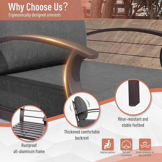 Kurapika Aluminum Patio Furniture Set 5-Seat Modern Metal Outdoor Conversation Sets w/5.1 Inch Cushion Patio Sectional Sofa with 2 Round Coffee Tables, Black