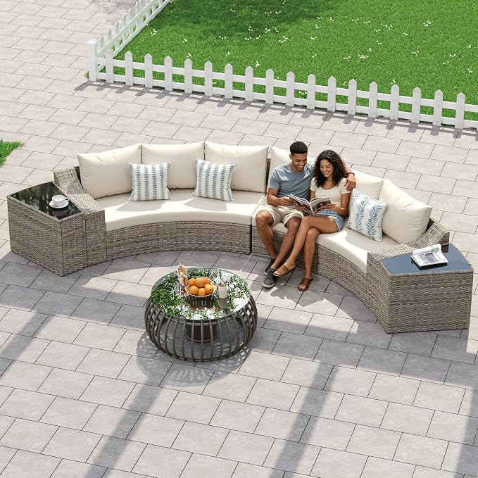 LUXOAK 8-Piece Wicker Patio Furniture Set, Curved Sectional Sofa with 2 Storage Side Tables, All-Weather Outdoor Conversation Set with 6" Armrests & Thick Cushions, for Backyard/Garden/Deck