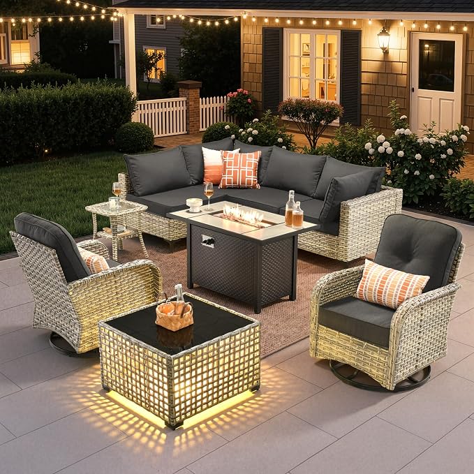 9 Pieces Outdoor Sectional Patio Furniture Set with 42" Fire Pit,Conversation Sets Rattan Wicker L Shaped Couch Swivel Rocking Chairs,Modular Outdoor Sofa for Porch Balcony Backyard Black