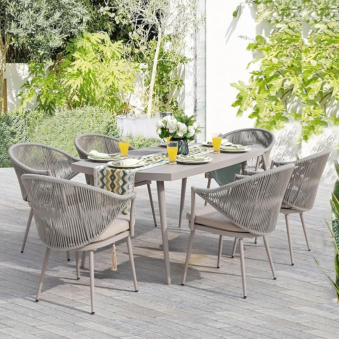 NUU GARDEN Outdoor Dining Table with 1.97" Umbrella Hole, All Weather Metal Outdoor Patio Table, 6-Person Aluminum Slat Rectangle Dining Table, Bistro Table for Garden, Backyard, Beige