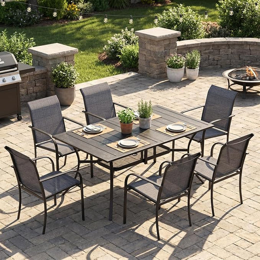 VICLLAX Patio Dining Set for 6, 7-piece Outdoor Dining Set - 59" Rectangle Patio Table and Chairs for Lawn Garden, Black Tabletop and Fabric