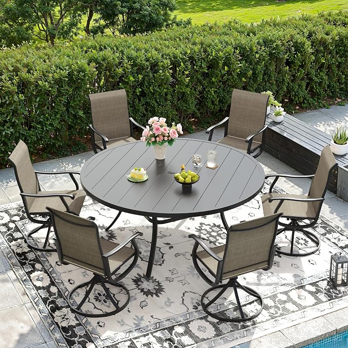 DIFY Outdoor Dining Set for 6, 7 Piece Patio Table and Chairs Set, Swivel Patio Dining Chairs with Brown Textilene & 53" Black Round Metal Dining Table with Umbrella Hole, for Garden Backyard Deck