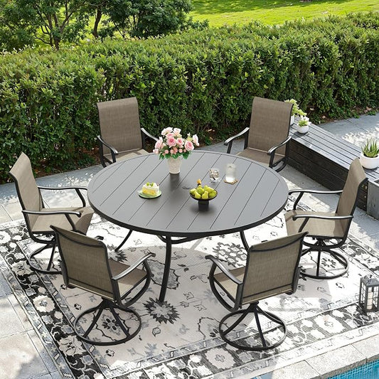 DIFY Outdoor Dining Set for 6, 7 Piece Patio Table and Chairs Set, Swivel Patio Dining Chairs with Brown Textilene & 53" Black Round Metal Dining Table with Umbrella Hole, for Garden Backyard Deck