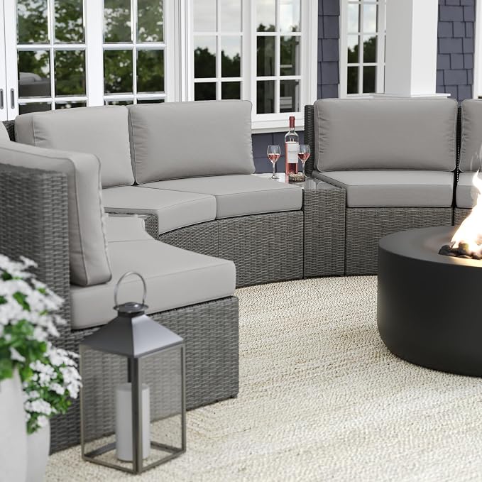 Martha Stewart Bedford Indoor-Outdoor Tapered Patio Side Table with Inset Tempered Glass Top and Rattan Wicker Finish in Gray