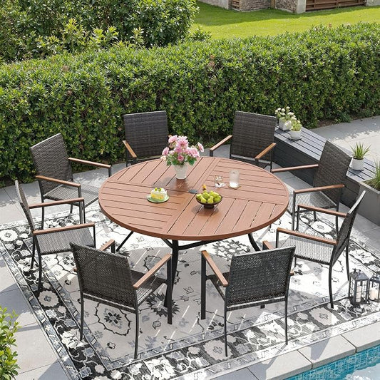 DIFY 9 Piece Patio Dining Set for 8, Wicker Stackable Patio Chairs & 53.1" Round Walnut Metal Dining Table with Umbrella Hole, All Weather Outdoor Table and Chairs Set for Deck Garden Backyard